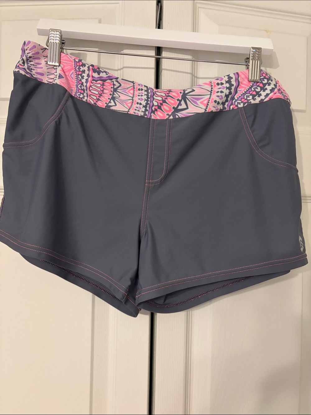 Free Country Charcoal Gray Athletic Shorts with Pink Patterned Waistband 12-14